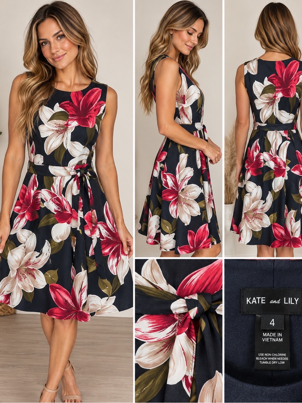 Kate and Lily Navy Floral Fit-and-Flare Dress with Red & Cream Blooms
